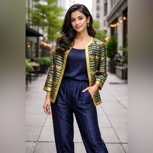 Three-Piece Elephant Print Silk Set – Jacket, Tank & Pants